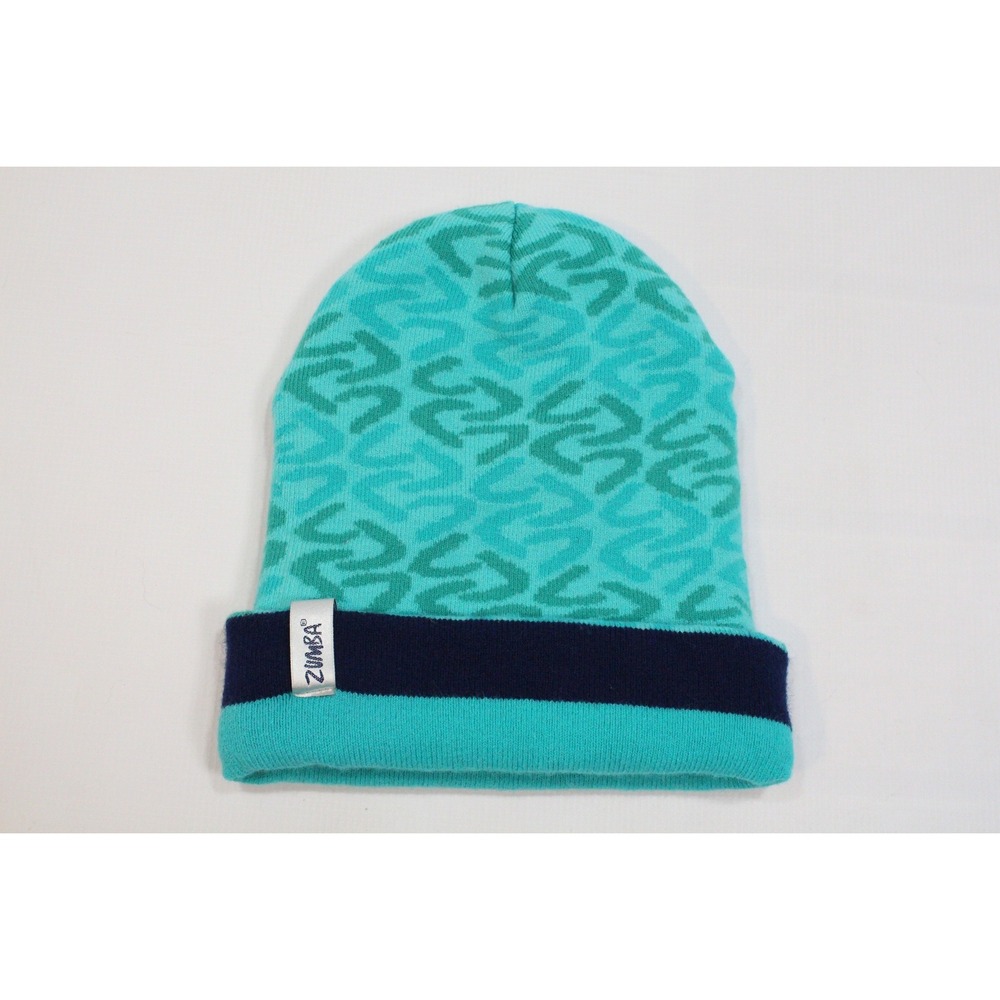 Zumba Reversible Knit Beanie Teal Navy Blue Logo Striped Cuffed Winter Hat